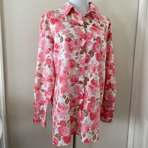 Villager by Liz Claiborne 100% Cotton Floral Roll Sleeve Blouse/Tunic. XL